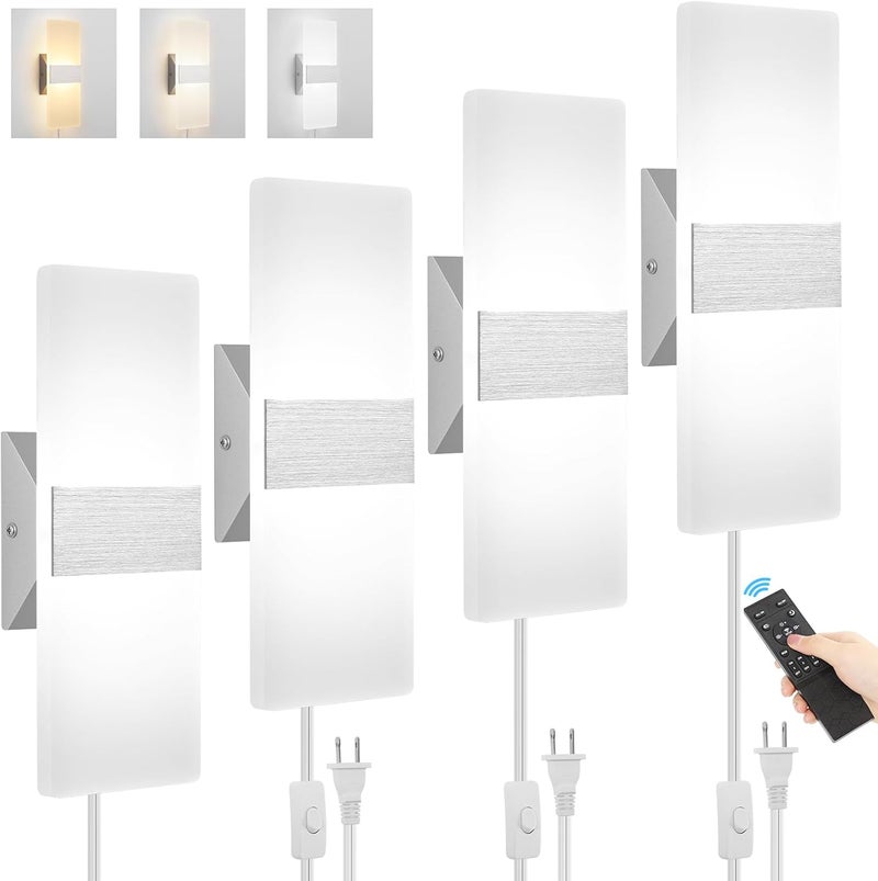 GOODATE 4 Pack Plug in Wall Sconces with Remote Control, Dimmable, Adjustable 3000K-6500K Colors, Silver 12W Acrylic LED Plug in Wall Light, Wall Lamps for Bedroom Living Room Hallway Stair - Image 1